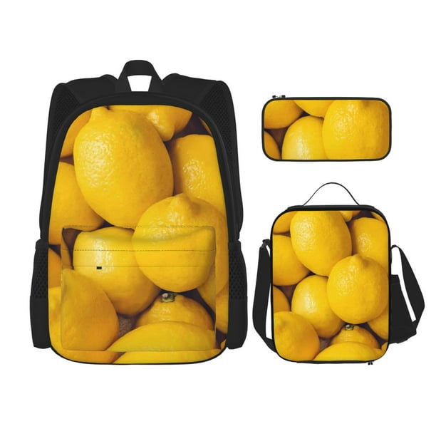 Easygdp Ripe Yellow Lemon Mochila para Niños y Niñas con Set de Caja de Almuerzo y Estuche para Lápices 3 en 1, Mochila Escolar Estampada para Adolescentes