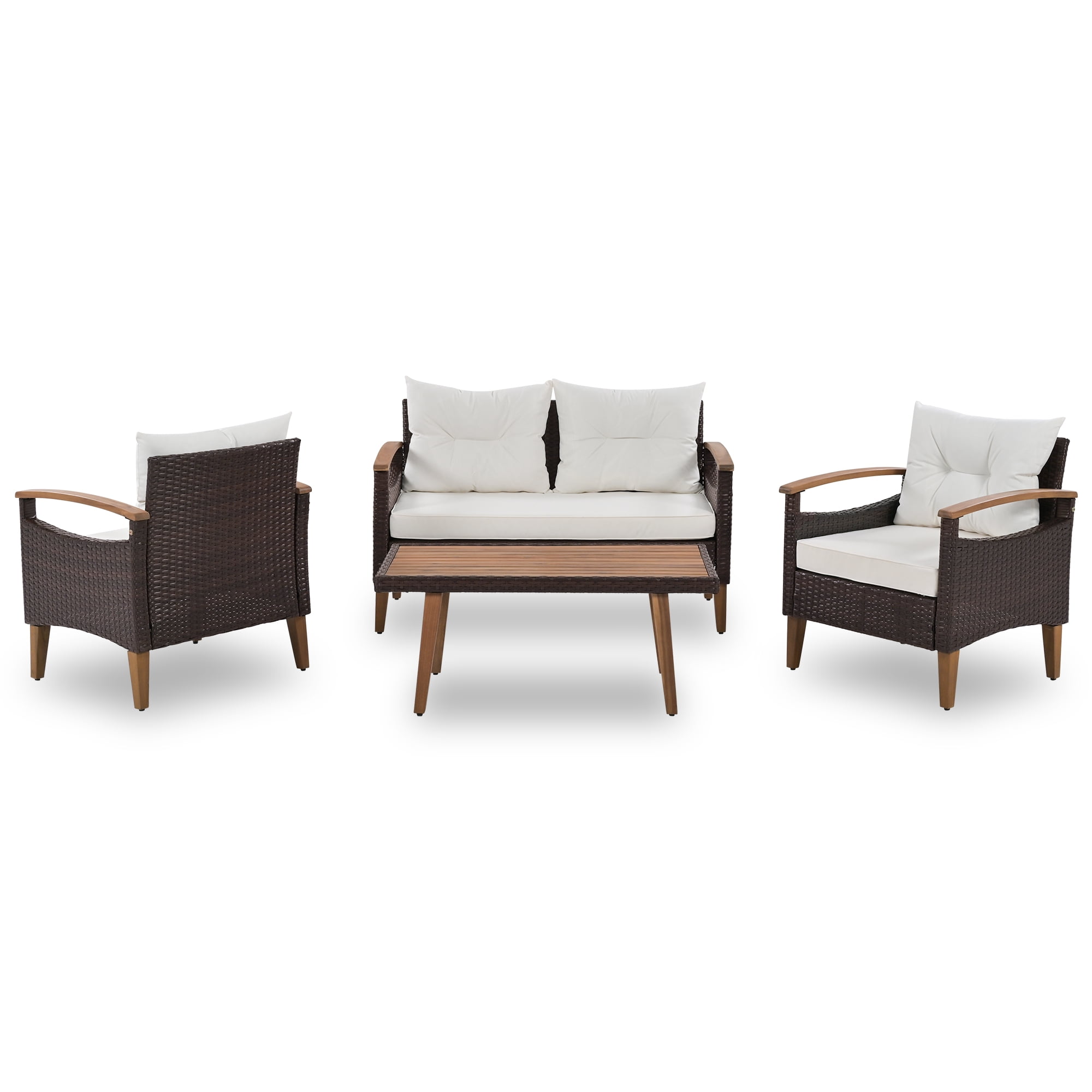 Harper & Bright Designs Patio Conversation Set, 4-Piece Outdoor Garden Furniture Set, Patio Seating Set, PE Rattan Outdoor Sofa Set, Wood Table and Legs, Brown+Beige+Wood
