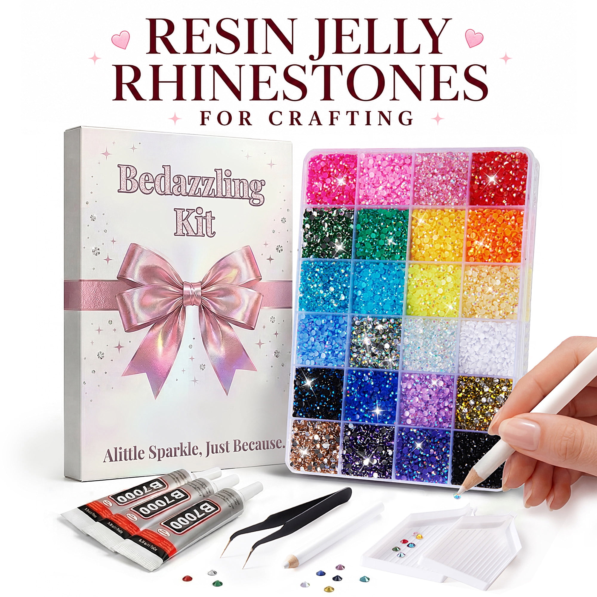 Resin Jelly Rhinestones for Bedazzling Kit, 32000Pcs Multicolor Bedazzler Kit 3mm Flatback Rhinestones, Diamond Art Gems for Crafting Bedazzled Kits with 3Pcs 10ml B7000 Glue for DIY Crafts Book Shoe