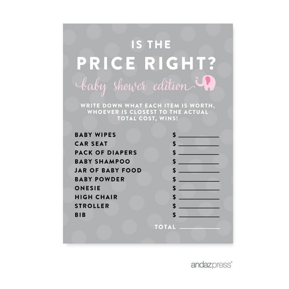 Is The Price Right? Bubblegum Pink Girl Elephant Baby Shower Games, 20-Pack