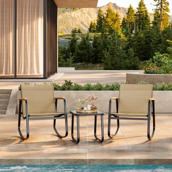 Asofer 3 Pieces Patio Furniture Set,Outdoor Bistro Set with 2 Outdoor Rocking Chairs and 1 Glass Coffee Table for Glass Garden House, Porch, Villa