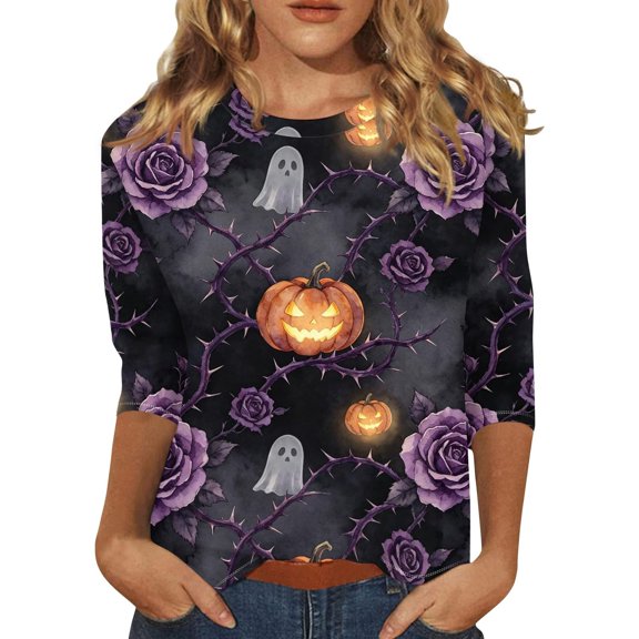 Bovemsi Cute Summer Tops Round‑Neck 3/4‑Sleeve Printed Blouse Fashion Outfits Clothes L