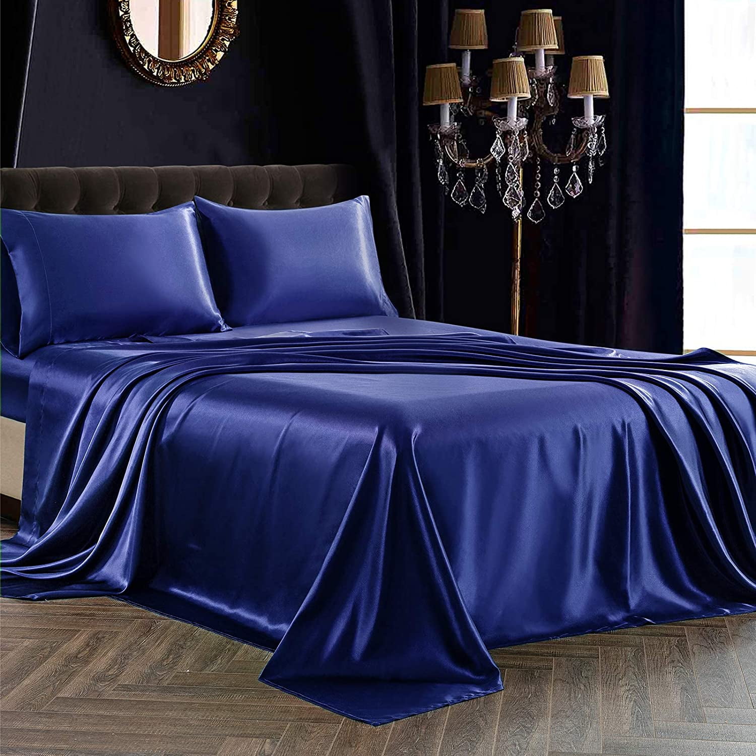 4pcs Satin Sheet Set Queen Size Ultra Silky Soft Navy Blue Satin Queen Bed Sheets with Deep Pocket, 1 Fitted Sheet, 1 Flat Sheet, 2 Envelope Closure