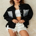 thumbnail image 2 of Women Denim Jacket with Sequin Pockets  Loose Shirt Version Casual Style Spring Clothing, 2 of 9