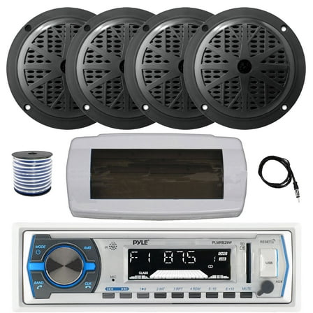 Pyle PLMRB29W Single DIN Bluetooth Marine MP3 AM/FM Stereo Receiver with White Cover, 22" Radio Antenna, Wire, 4x 5.25'' 100 Watt Peak Full Range Dual Cone Waterproof Stereo Speakers (Black)