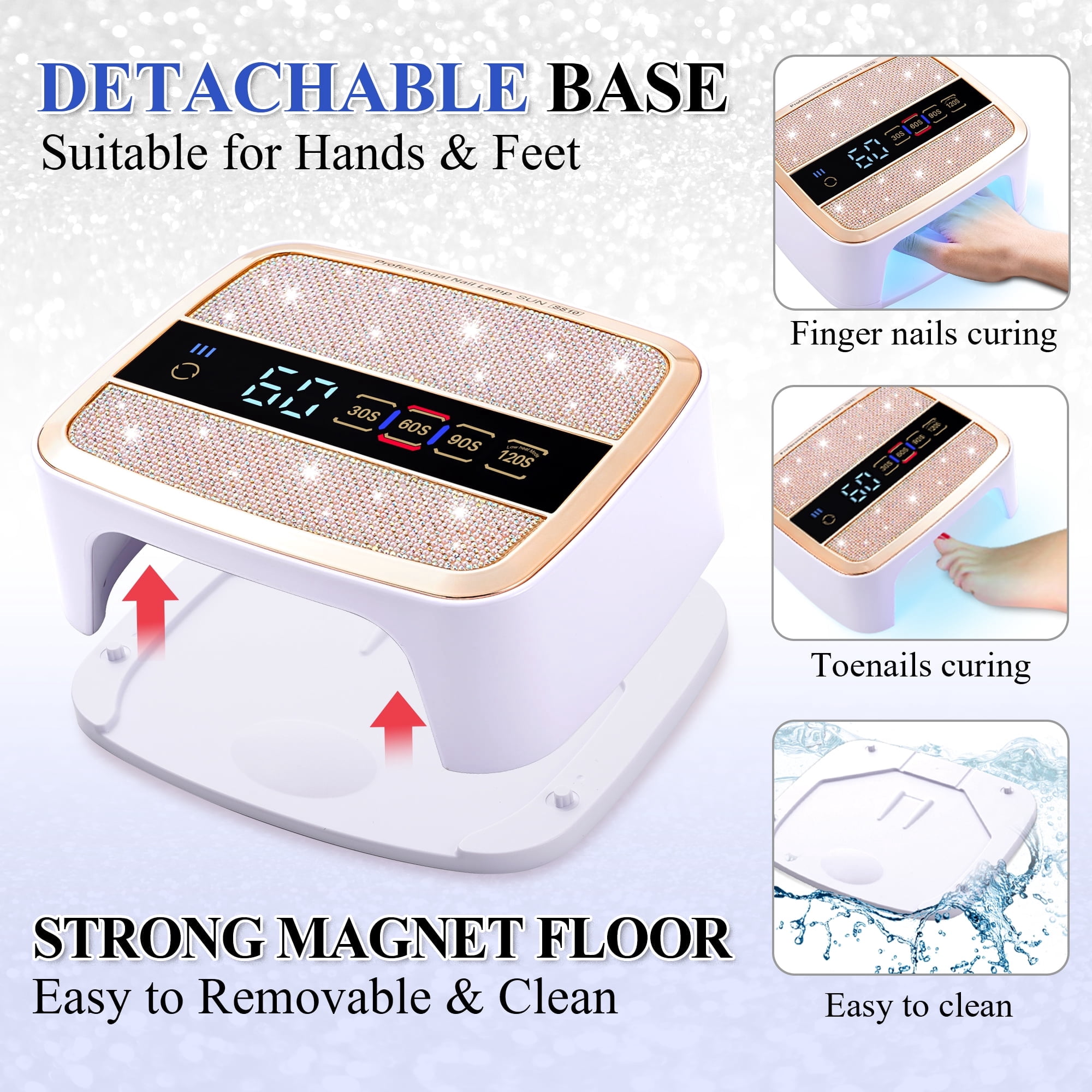 TJT UV LED Nail Lamp, 168W Rechargeable Cordless Nail Lamp for gel polish, Professional 4 Timer Modes and LCD Display with Crystal Diamonds，White