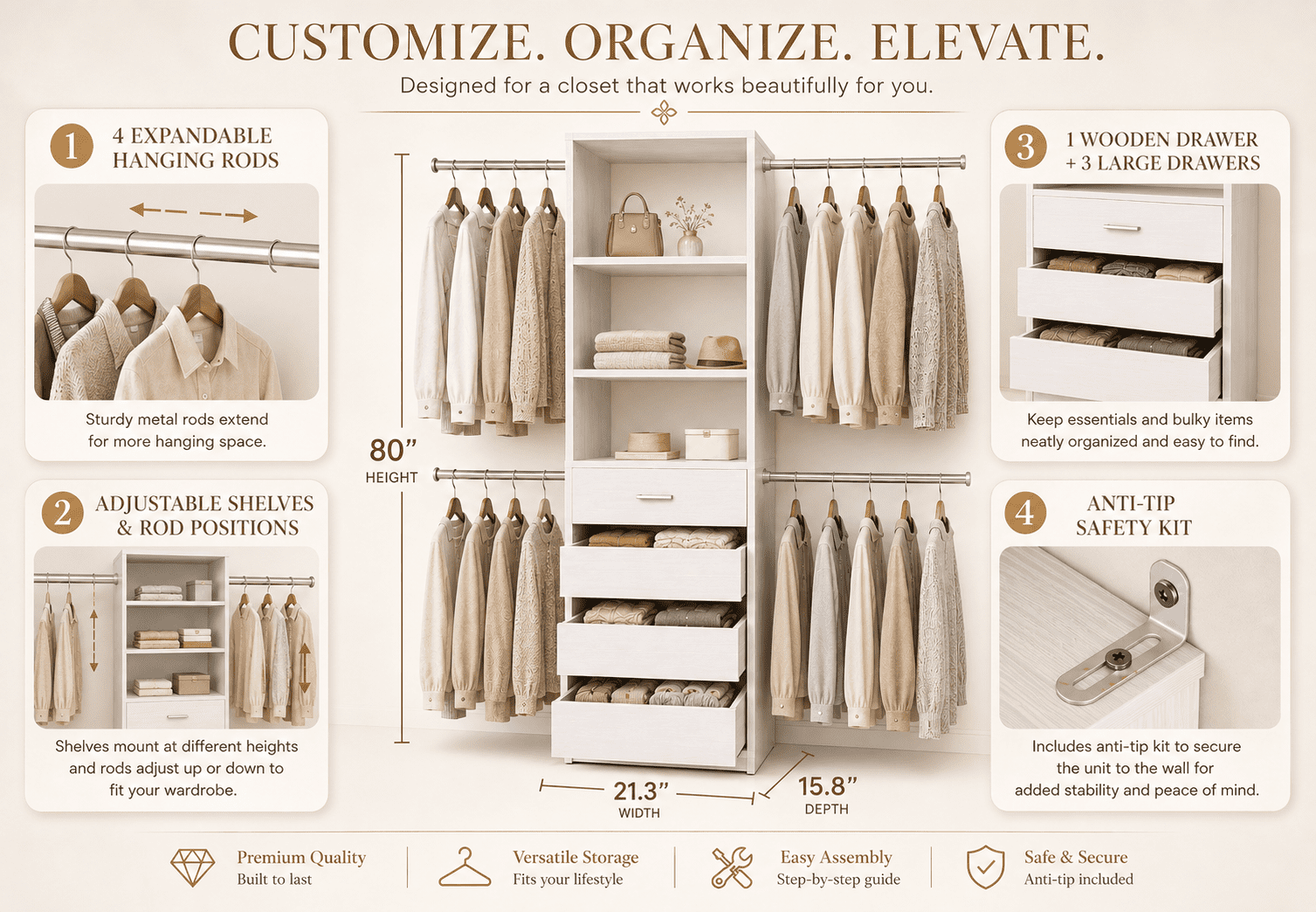 Homieasy 4-9 Ft Adjustable Wooden Closet Organizer System with 4 Drawers, 4 Hanging Rods & Shelving Towers - Heavy Duty Walk-in Wardrobe Rack, Space-Saving Design, Easy Assembly,White