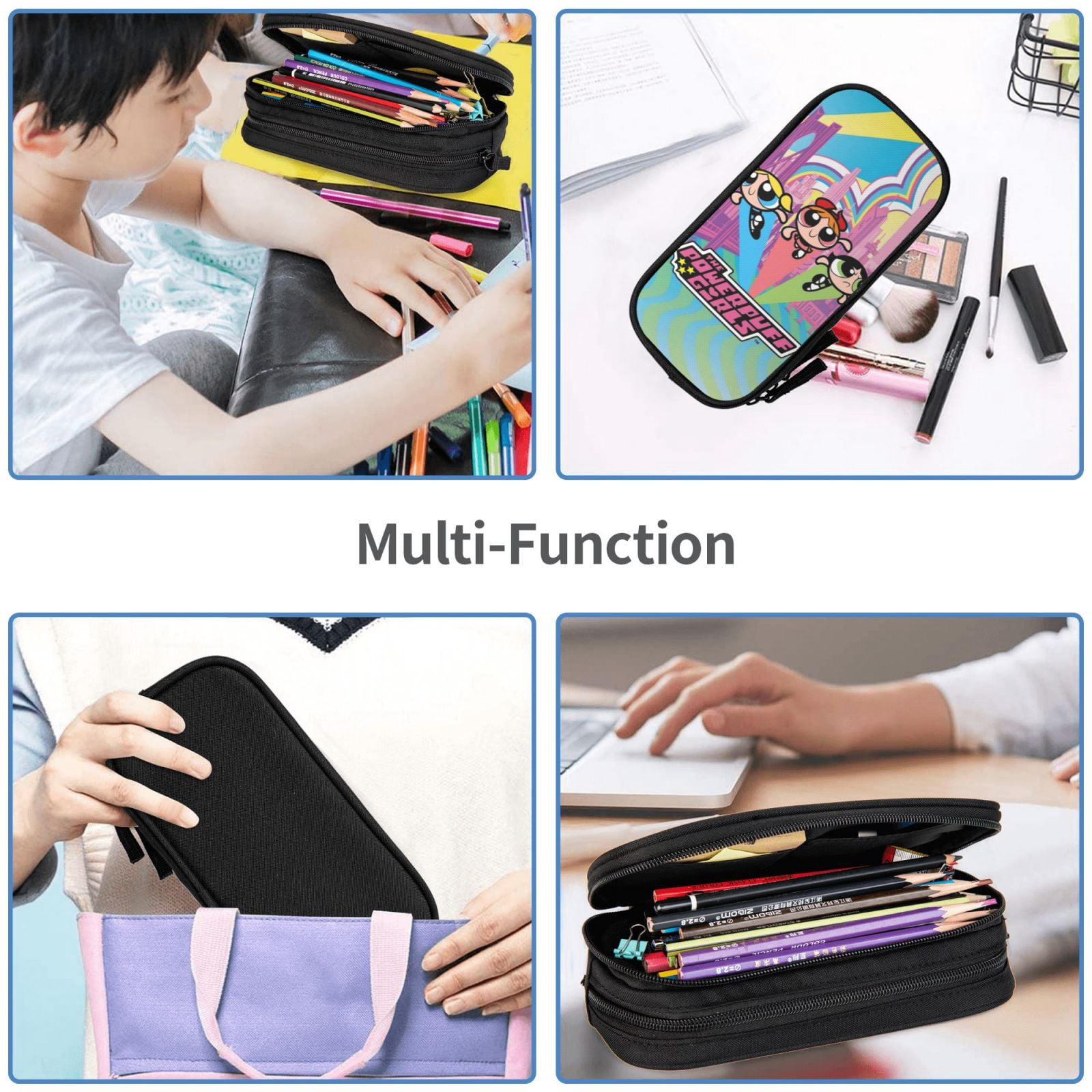 The Powerpuff Gi-rls Pencil Case Large Capacity Pencil Pouch Penbag Office Stationery Organizer Travel Makeup Bag Black