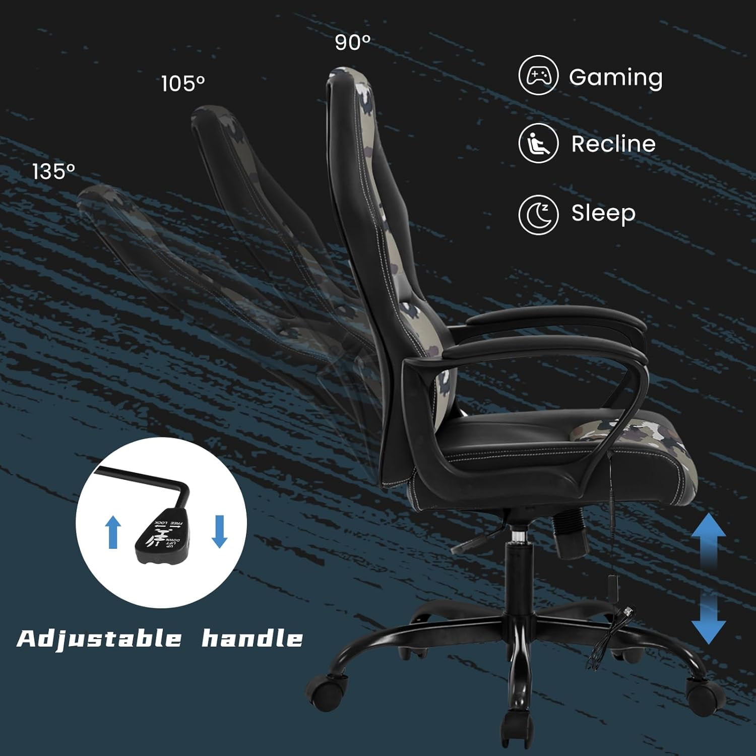 Dkelincs Gaming Chair Massage Computer Chair Ergonomic Video Game Chairs, Adjustable Office Desk Chair with Lumbar Support & Armrest for Teens & Children, Camo