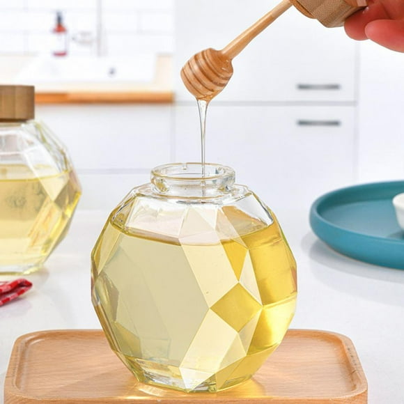 POINTERTECK Hexagon Shape Honey Pot Jar with Dipper Heat-Resistant Glass Storage Container Honey Pot Glass Honey Jar with Dipper and Lid Cover for Home Kitchen