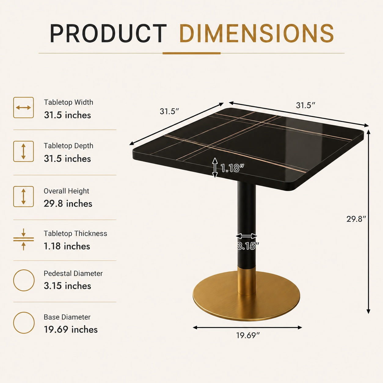 Aukfa 31.5" Square Dining Table for 2-4, Marble-Look Sintered Stone Top, Gold Pedestal Base, Small Spaces,Nero Black