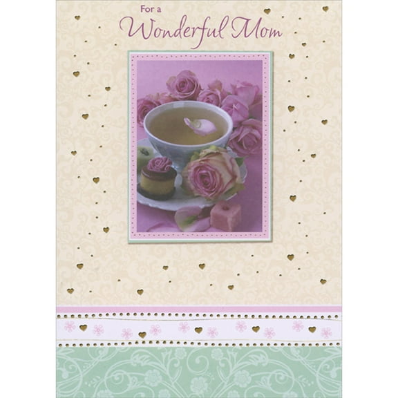 Designer Greetings Tea Cup with Floating Pink Rose Petal Surround By Pink Roses Mother's Day Card for Mom