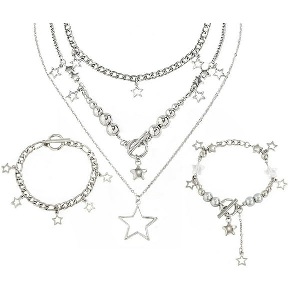 3PCS Silver Star Necklace Y2K Jewelry Set, Grunge Necklace Kawaii Cute Necklaces