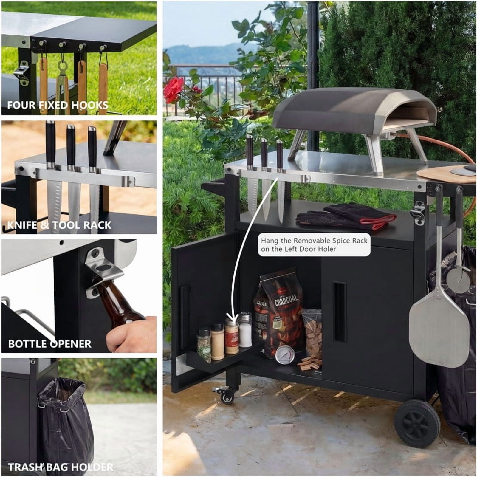 Outdoor Grill Cart with Stainless Steel Top, Outdoor Kitchen Island with Foldable Table, Pizza Oven Table with Wheels & Hooks