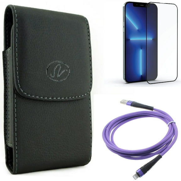Case Belt Clip & Screen Protector & 10ft USB Cable for iPhone 13 Pro Max ONLY - Leather Holster Cover   Anti-Glare Tempered Glass Matte   Purple Charger Cord Power Combo