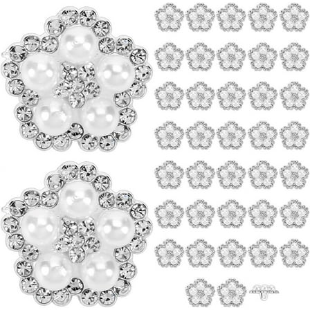 40Pcs Alloy Rhinestone Shank Buttons with Imitation Pearl Beads Flower Silver 19x10mm Hole: 2mm