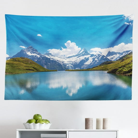 Landscape Tapestry, Dock on The Lake with Small Shed Alpine Mountains Germany European Nature Photo, Fabric Wall Hanging Decor for Bedroom Living Room Dorm, 2 Sizes, Multicolor, by Ambesonne