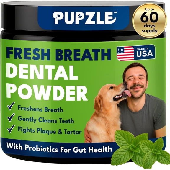 Pupzle Dog Teeth Cleaning Powder for Fresh Breath, Dog Dental Powder, Tartar & Plaque Focused, Natural Breath Freshener, Pet Dental Supplement with Probiotics for Gut Health, Mint, 60 Days Supply