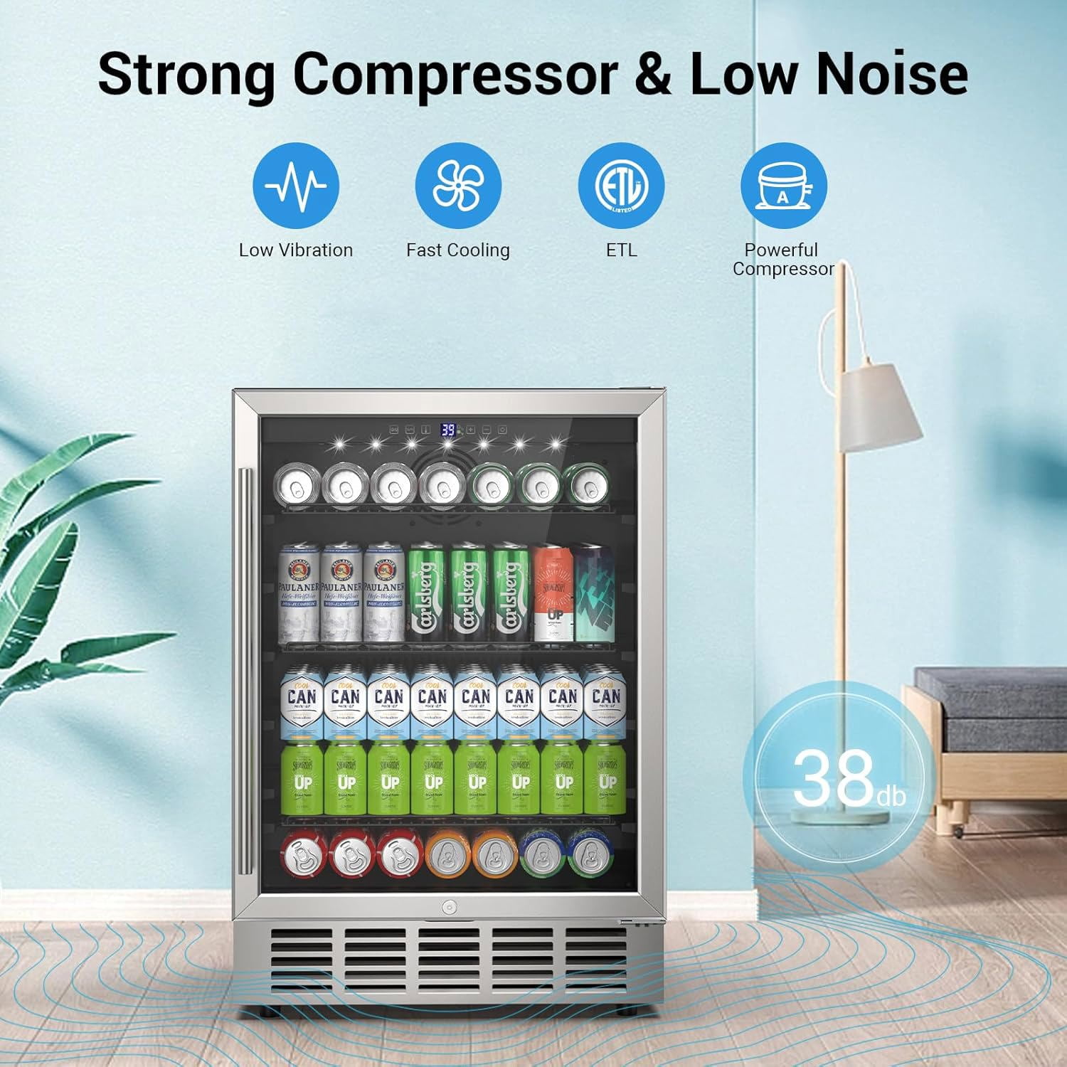 Joreek 24 Inch Beverage Refrigerator & Cooler Under Counter with Safty Lock Outdoor Patio Fridge for Drinks, Soda, Beer, Wine, 37～65°F Adjustable Temperature & Memory