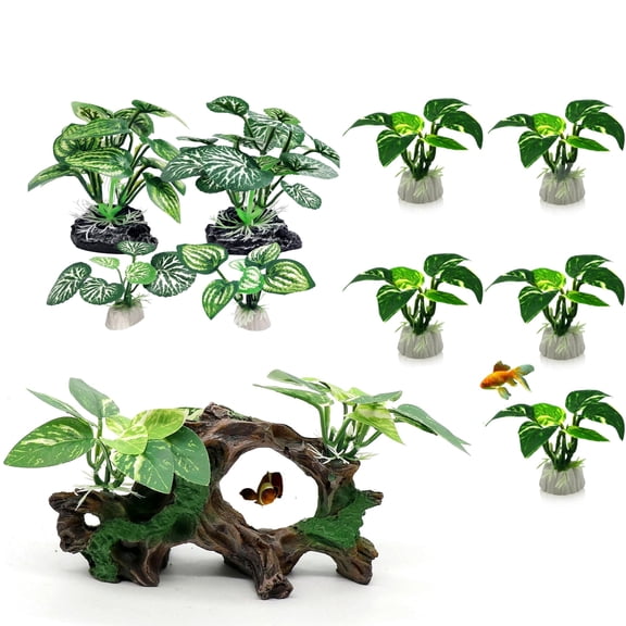 10-Piece Aquarium Decor Set, Wooden Cave, Plants & Ornaments for Fish Tank