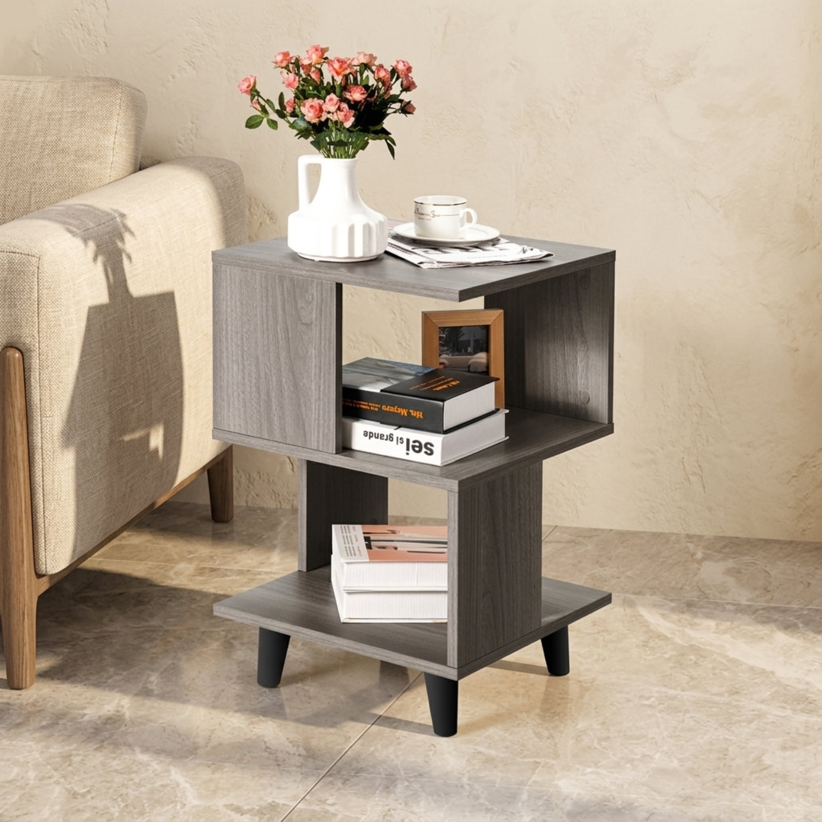 Furnibear Set of 2 Wooden Nightstands with Legs and Open Display Shelf Bedside Tables for Bedroom Living Room and Small Spaces, Grey