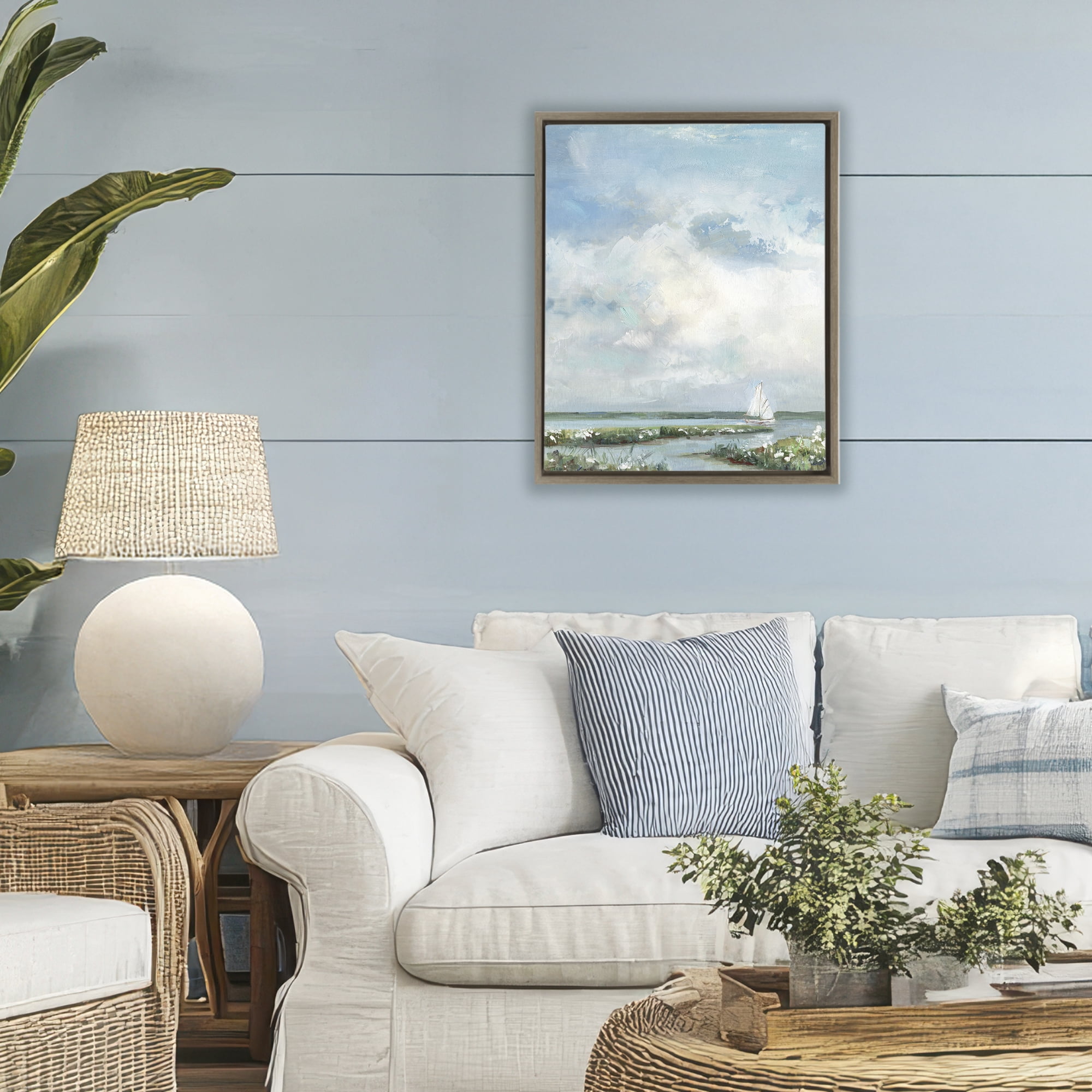 Stupell Industries Sailboat On Summer Marsh Brown Framed Floater Canvas Wall Art, design by Sally Swatland