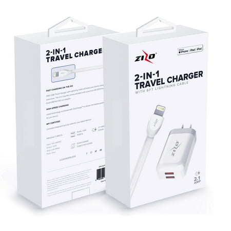 ZizoCharge 2in1 H10 Travel Adapter and 6ft MFi Certified Cable Compatible with iPhone XS Max XR X 8 Plus 7 Plus 6s Plus 6 Plus SE 5S 5C iPad White