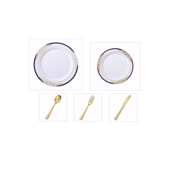 Party Source White W/ Blue Gold Victorian Style Party 10.25" Dinner  7.25" Salad Cutlery 120 Case