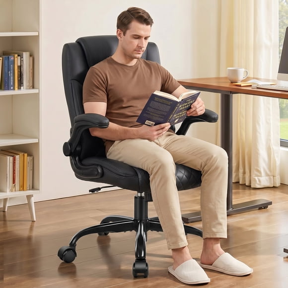 COOLHUT PU Leather Ergonomic Office Chair, Mid Back Home Computer Chair with Flip-up Armrest, Adjustable Height & Back Support, 360° Swivel Gaming Chair with Wheels & Rocking Function, Space Saving