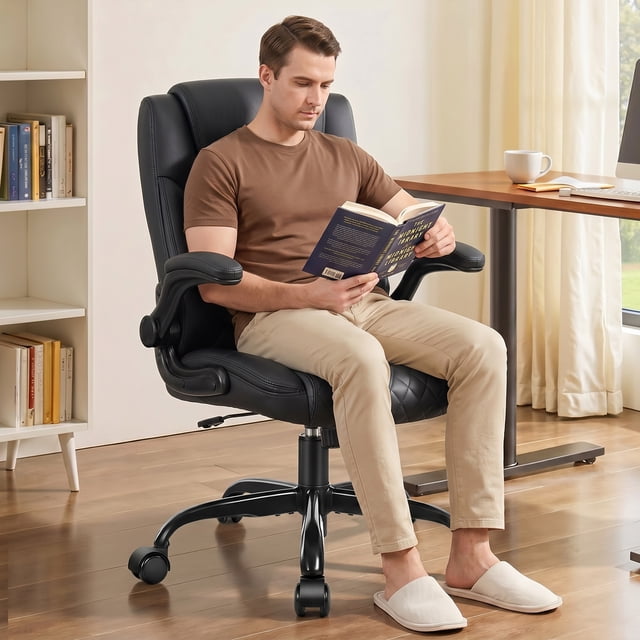 COOLHUT PU Leather Ergonomic Office Chair, Mid Back Home Computer Chair with Flip-up Armrest, Adjustable Height & Back Support, 360° Swivel Gaming Chair with Wheels & Rocking Function, Space Saving