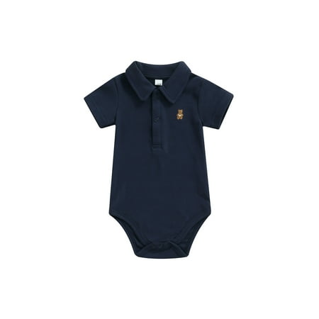 

TheFound Unisex Newborn Baby Boy Girl Polo Bodysuit Buttons Lapel Short Sleeve Embroidery Bear Romper Jumpsuit Clothes