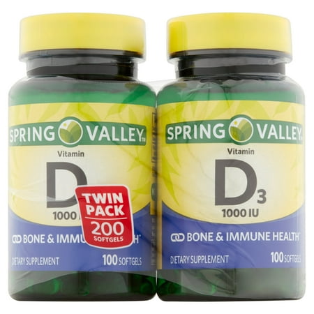 Spring Valley vitamine D3 gélules de complément alimentaire, 1000 UI, 100 comte, 2 pk