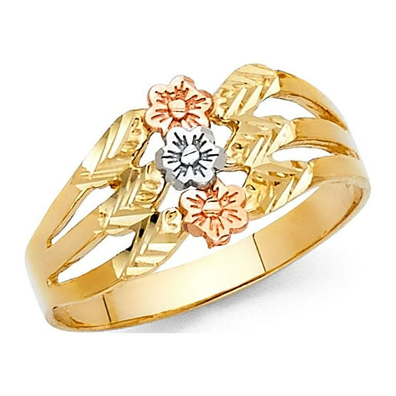 Three Flower Ring 14k Yellow White Rose Gold Fancy Floral Band Diamond Cut Solid Tri Color 10MM Size 7