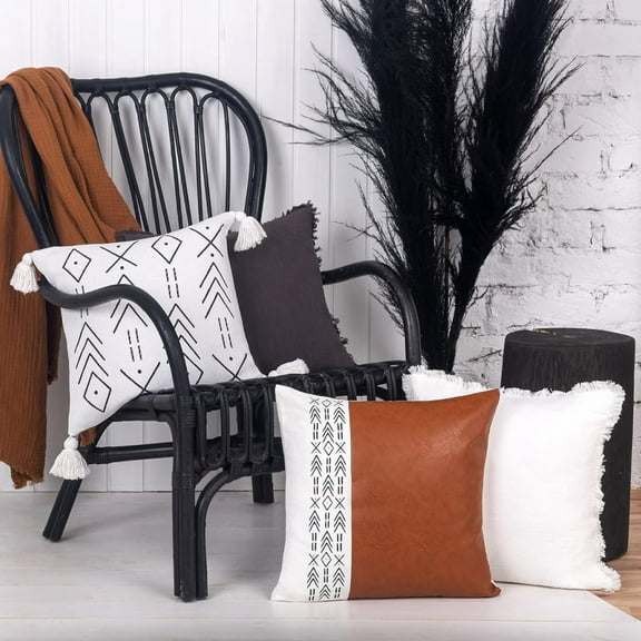 Boho Throw Pillow Covers 18x18 Set of 4 - Geometric Modern Farmhouse Pillow Covers for Couch, Bed, Home Decor Decorative Pillows, Linen & Faux Leather Black and White Pillow Cover Sets