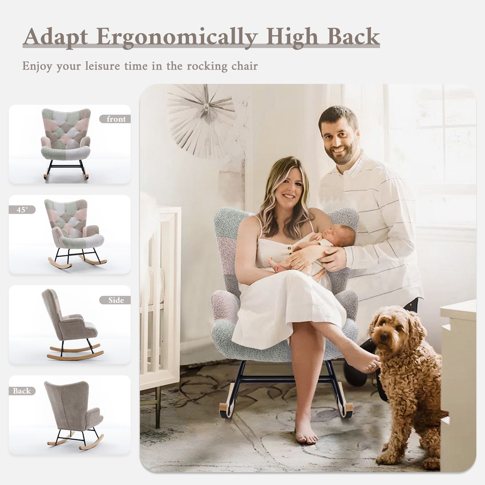 Teddy Upholstered Nursery Glider Rocking Chair - High Backrest Comfy Armchair | Versatile Accent Chair for Living Room, Bedroom, Offices