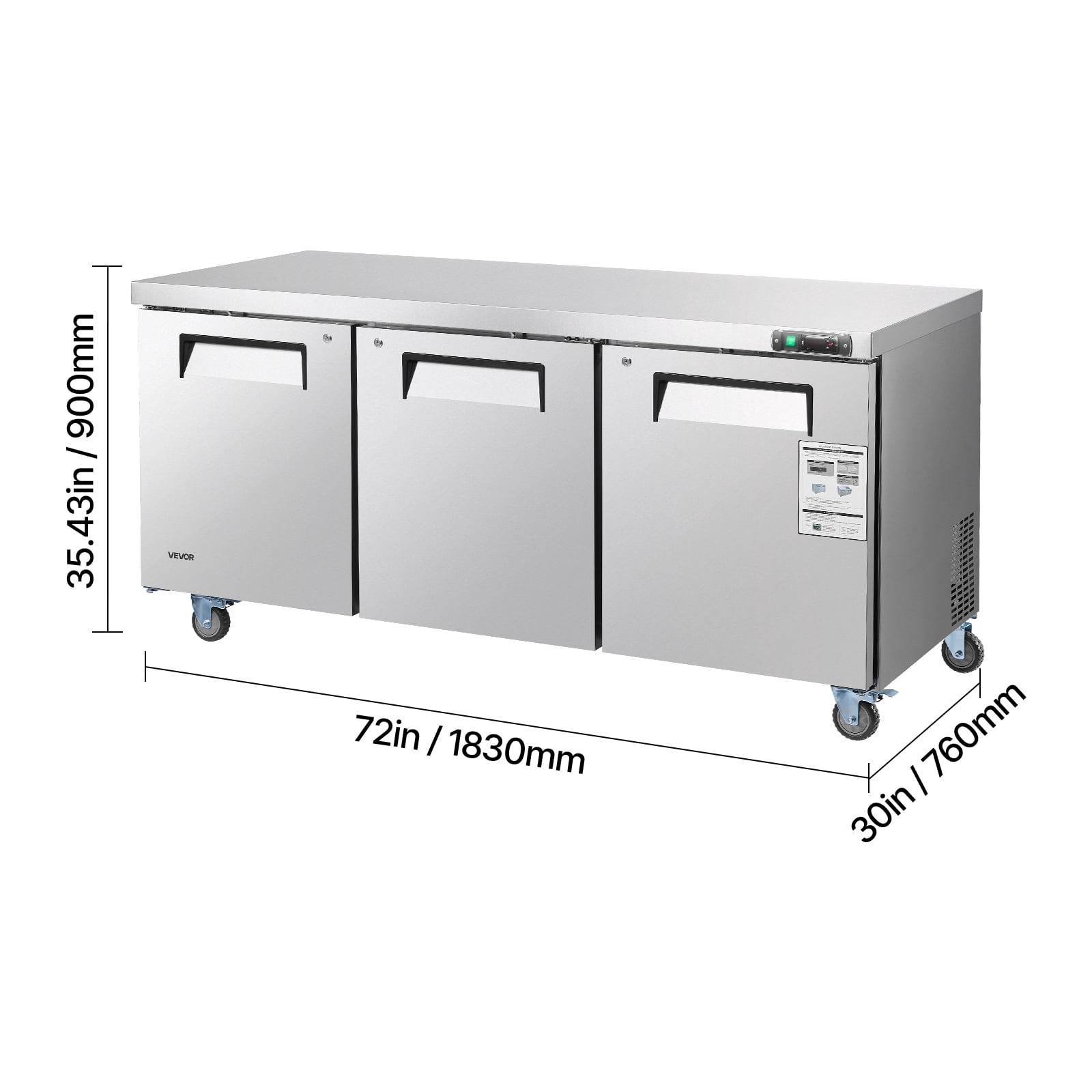 VEVOR 72" W Commercial Freezer, 17.7 Cu.Ft Worktop Freezers Undercounter with LED Auto Lighting and Lockable Door, 3 Doors Food Freezing Prep Worktable, Stainless Steel Prep Frozen Table with Casters