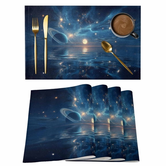Galaxy Space Placemats Set of 12 Universe Planets Sparkling Stars Moon Blue Place Mats Indoor Wipeable Table Mats Washable Cloth Dining Table Placemats for Kitchen Holiday Party Home Decor 13x19 Inch