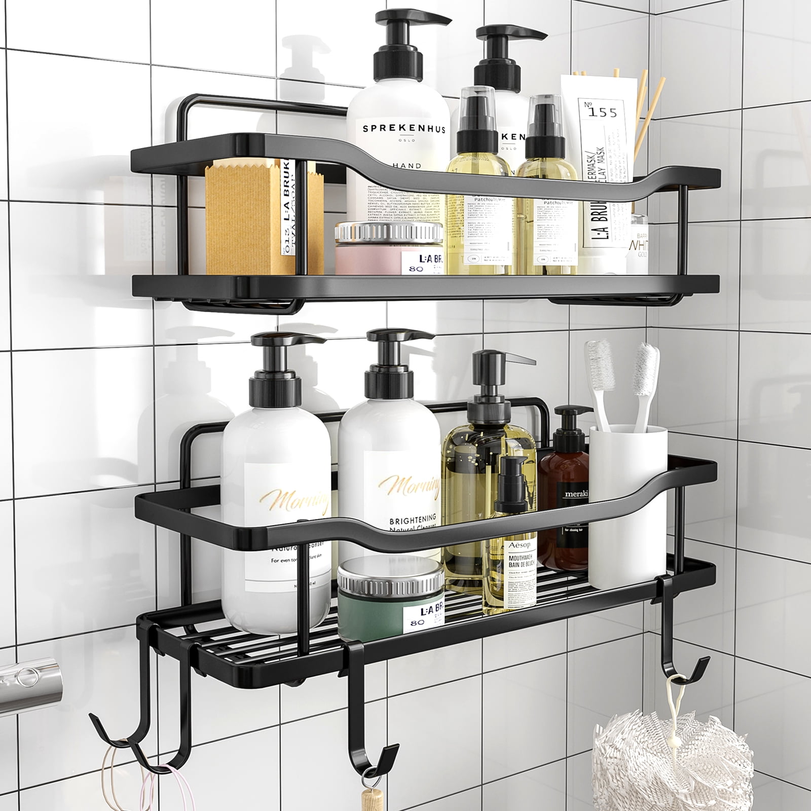 OMAIRA Shower Caddy, Adhesive Shower Organizer with 4 Hooks, No Drilling Shower  Shelf, Rustproof Stainless Steel Shower Rack With Soap Dish for Bathroom  Kitchen…