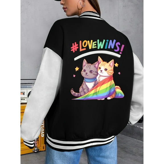 Women's baseball jacket, cool print, casual baseball jacket, long sleeves, button front design, perfect for casual outfits, machine washable, loose fit