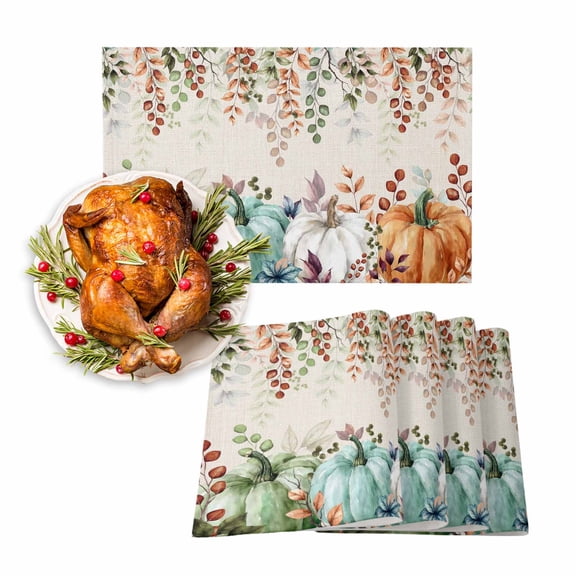 Fall Placemats Set of 4 Autumn Eucalyptus Leaf Place Mats Thanksgiving Placemat Teal Green Maple Leaves Pumpkin Linen Table Mats for Dining Kitchen Table Dinner Party Home Fall Decorations 13x19