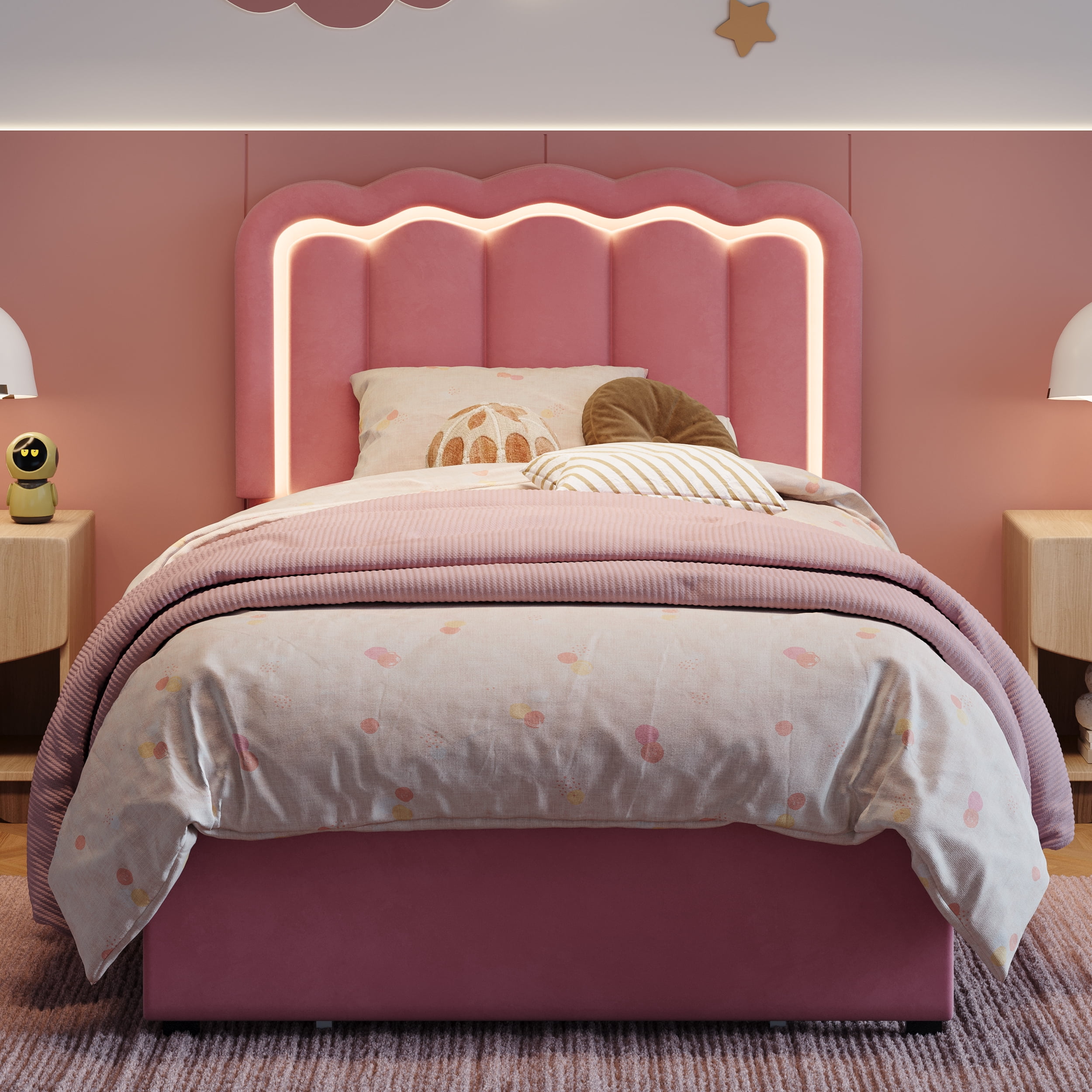 Amolife Twin Size LED Bed Frame with Drawer, Platform Bed with Velvet Upholstered Adjustable Wavy Headboard, Pink