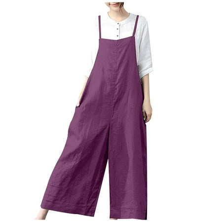 Overall Jumpsuit for Women, Wide Leg Pants for Women Loose Fit Summer Cotton Linen Spaghtti Straps Jumpsuit with Pockets Prime Deals Of The Day Today Only Lightning Deals Of Today Prime #1