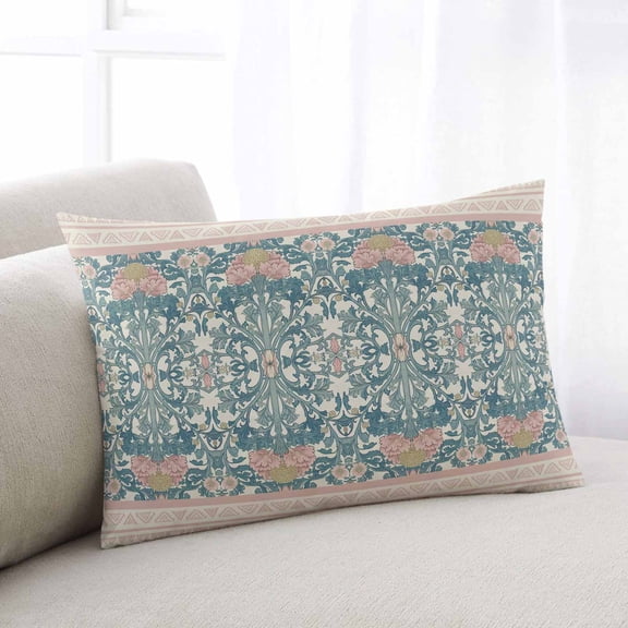 Teal Pink Geometric Throw Pillow Cover, Pillowcase Protectors with Zipper, Breathable Decorative Lumbar Pillow Case Cover, Vintage Floral Watercolor Boho Pillow Shams for Couch Sofa 16x24Inch