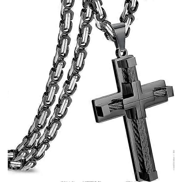 Cross Necklace for Men Women Stainless Steel Byzantine Chain Necklace Black Cross Pendant Men's Silver Chain