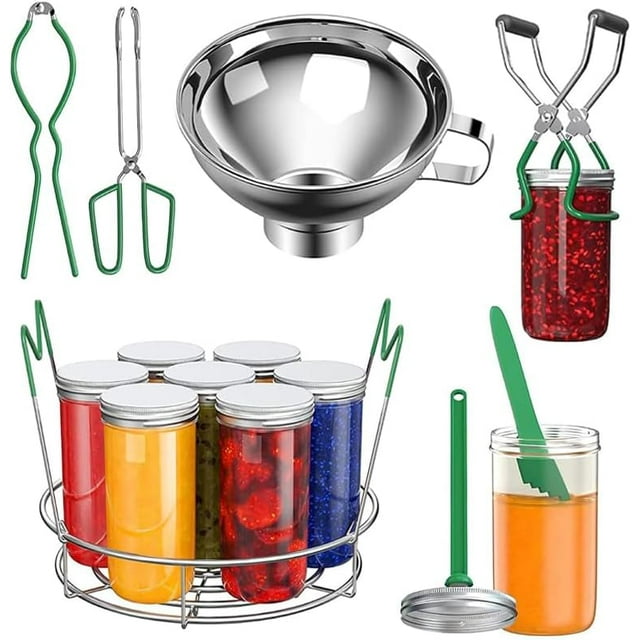 7Pcs Canning Supplies Starter Kit, Canning Tools Set Stainless Steel Canning Set with Canning Rack Canning Tonga Jar Lifter Durable Multifunctional Canning Kit (Green)