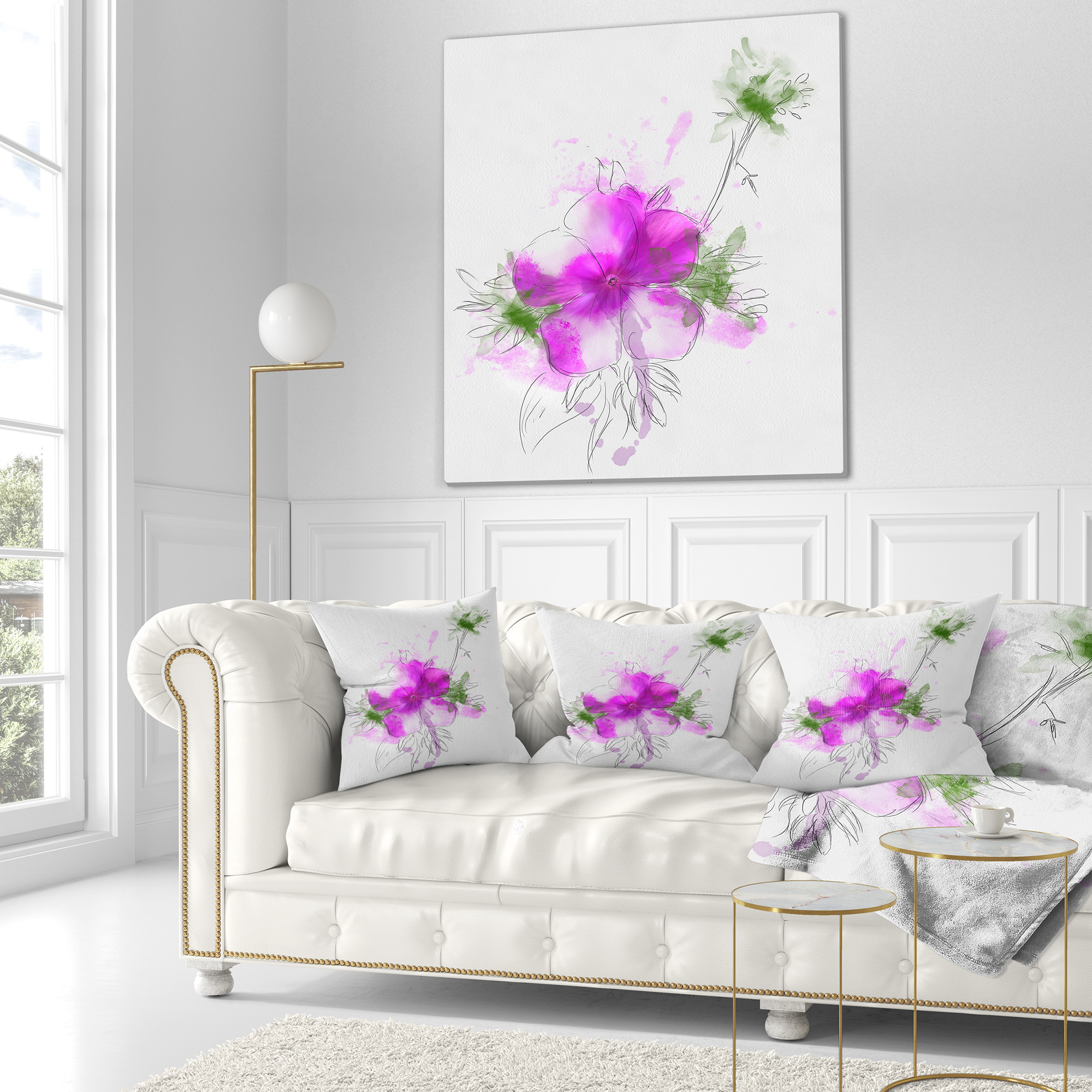 Designart Purple Flower Sketch with Stem - Floral Throw Pillow - 18x18