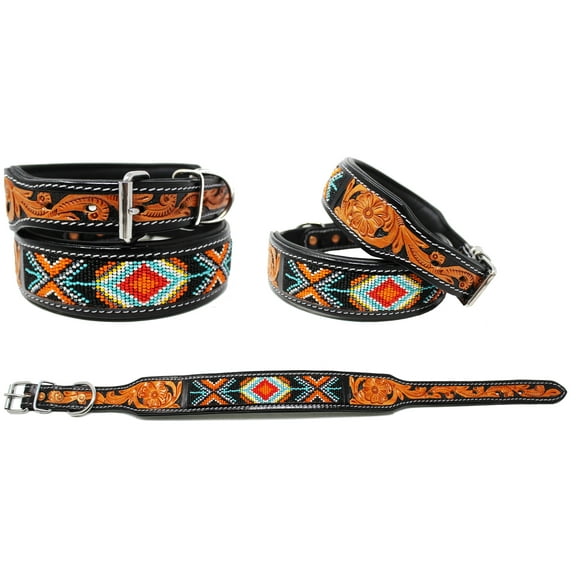XSmall 9''- 13'' Padded Leather Dog Collar Beaded Floral Hand Tooled 60174