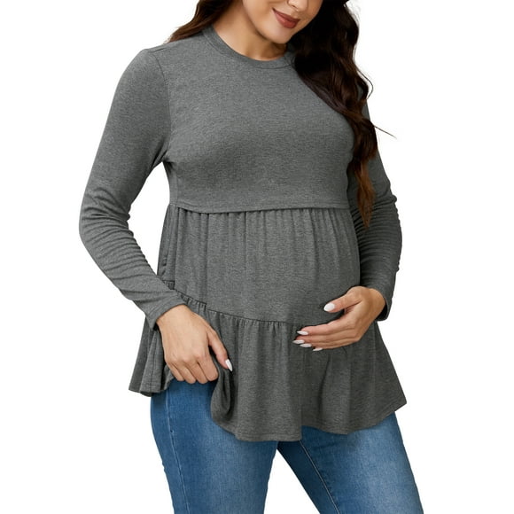 Camiseta de enfermería para mujeres INSPIRE CHIC con volantes, plisada, de manga larga, túnica de rayón, para lactancia posparto, ropa de embarazo, color gris