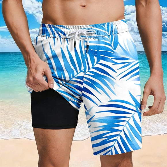 Ceisia Men's Blue & White Palm Leaf Print Loose Fit Quick Dry Beach Shorts with Inner Lining Multicolor S Gifts