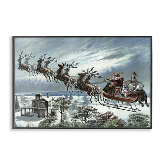 Stupell Industries Santa's Sleigh over Town Holiday Painting Black Framed Art Print Wall Art, 18 x 12